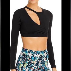 NWT Philanthropy Black Stretch Cut Out Long Sleeve Asymmetrical Active Crop Top